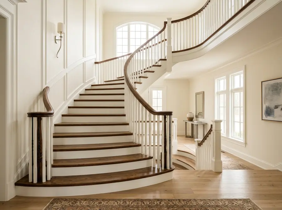 Curved staircase with stained oak treads, white risers and a wood handrail