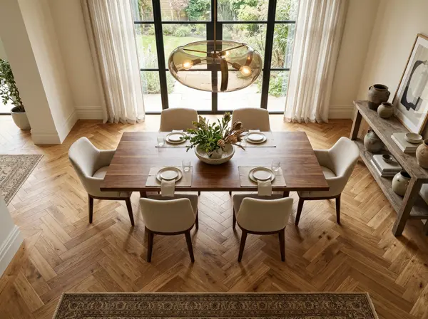 Oak herringbone hardwood floor in a sunlit dining room