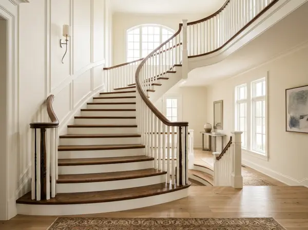 Curved staircase with stained oak treads, white risers and a wood handrail