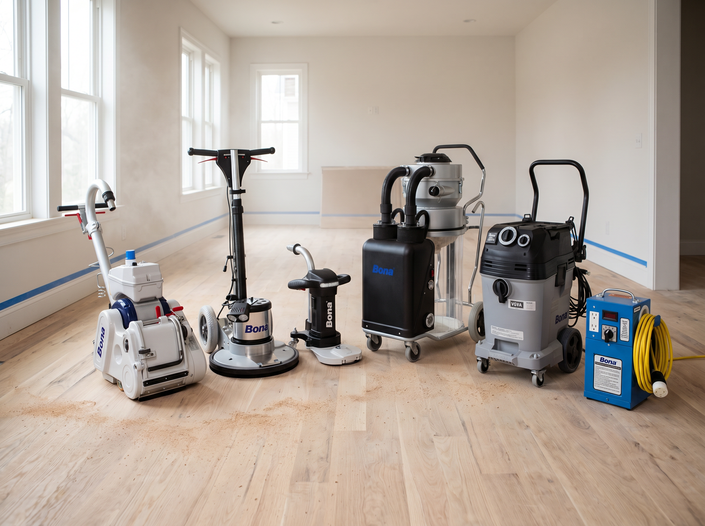 Pineda's full Bona sanding system staged on a freshly sanded hardwood floor