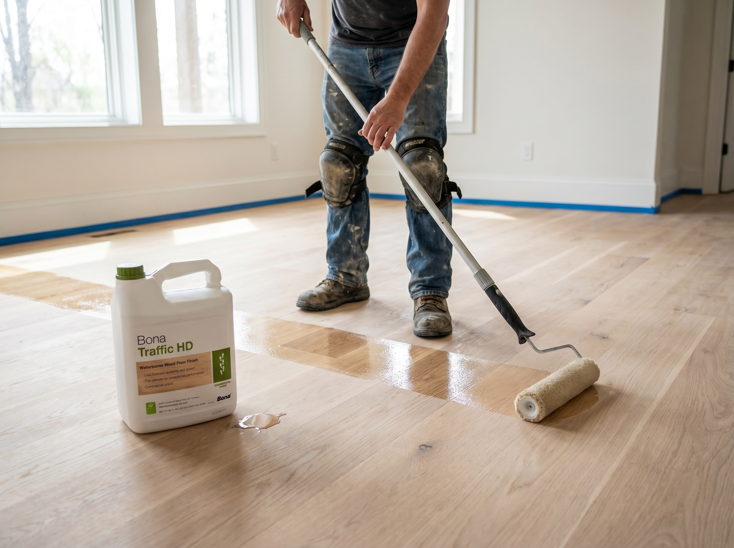 Bona Traffic HD water-based finish being applied with a T-bar applicator